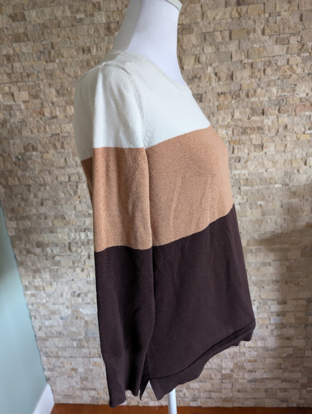 Women's Colorblock Neutral Camel Brown Crewneck Sweater Spring Minimalist Luxury image 3